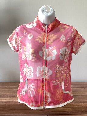 Y2K Aspire Baby Pink Tropical Floral Print Sheer Barbie Core Preppy Zip Top M